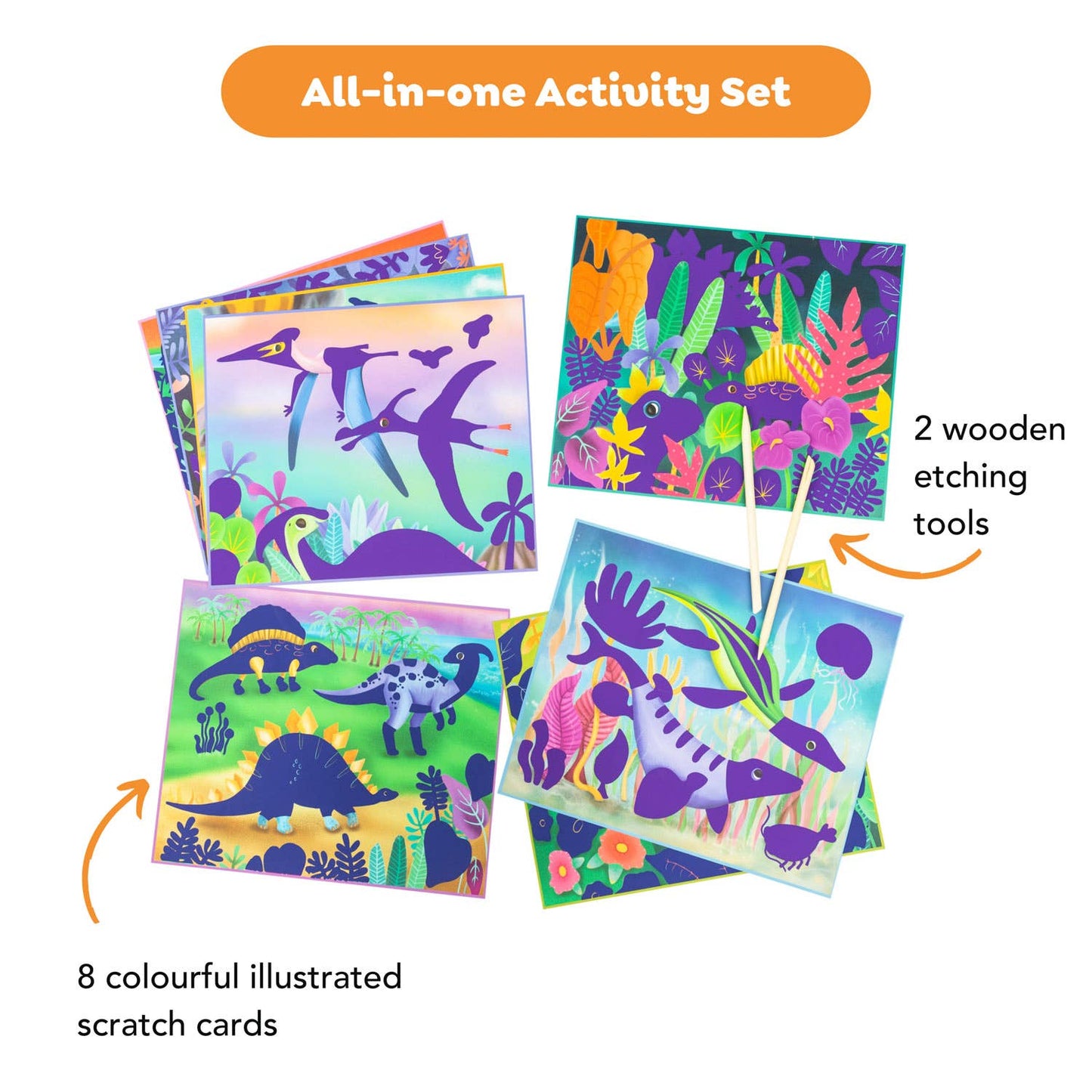 Kids dinosaur scratch art kit contents lifestyle view