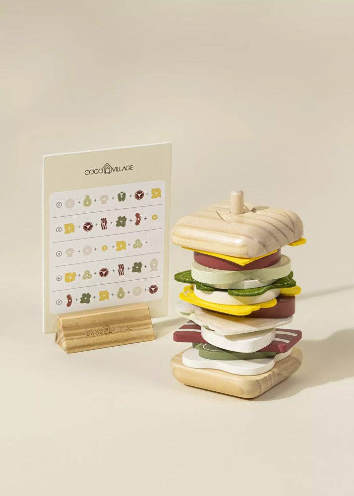 Wooden stackable sandwich toy for kids pretend play food set front view