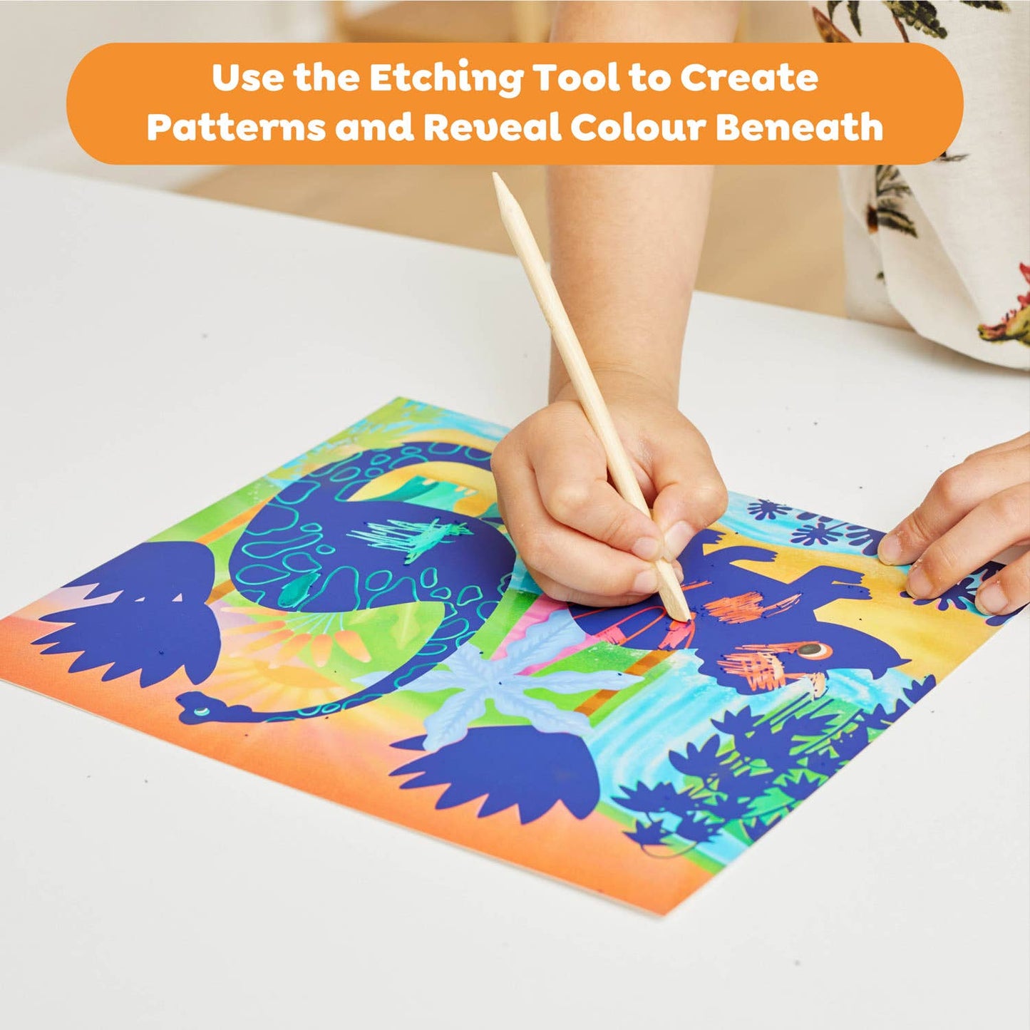 Kids dinosaur scratch art completed example view
