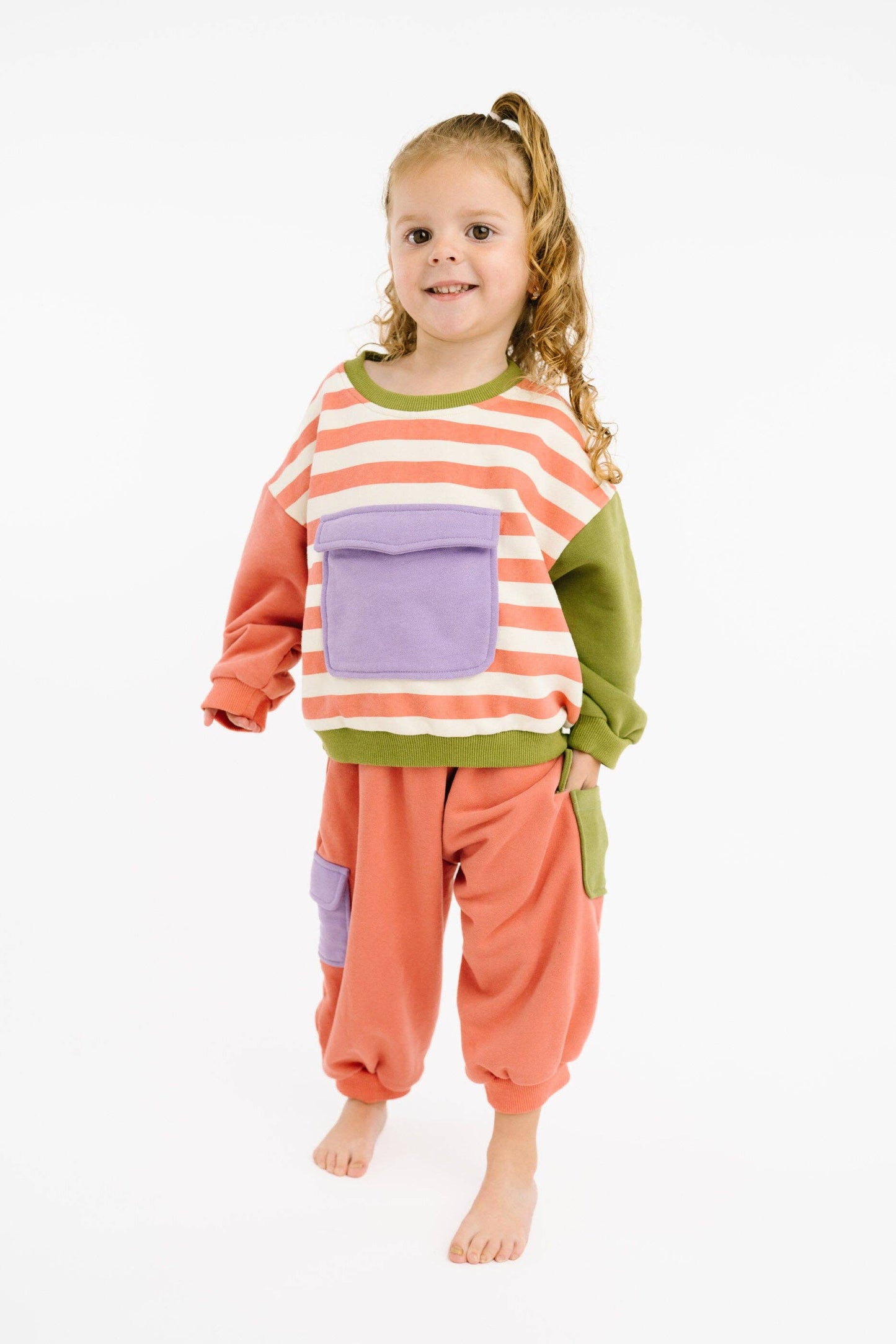 Sweet retro kids set in soft cotton blend worn full outfit styling view