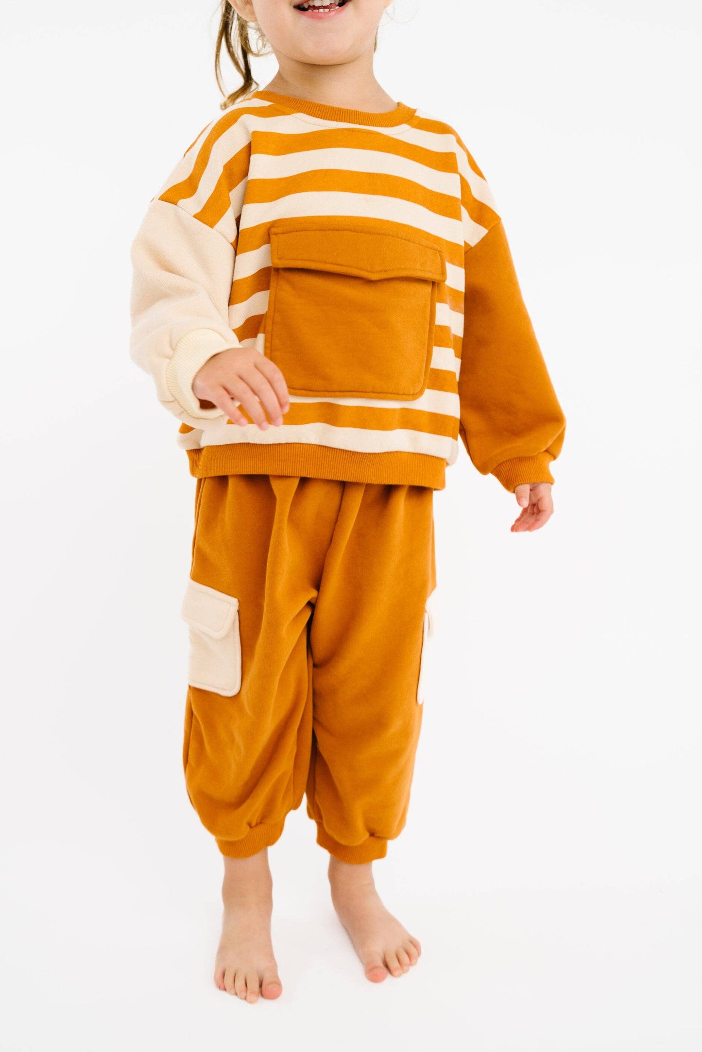 Girls cinnamon retro matching set with oversized fit and elastic waistband side view