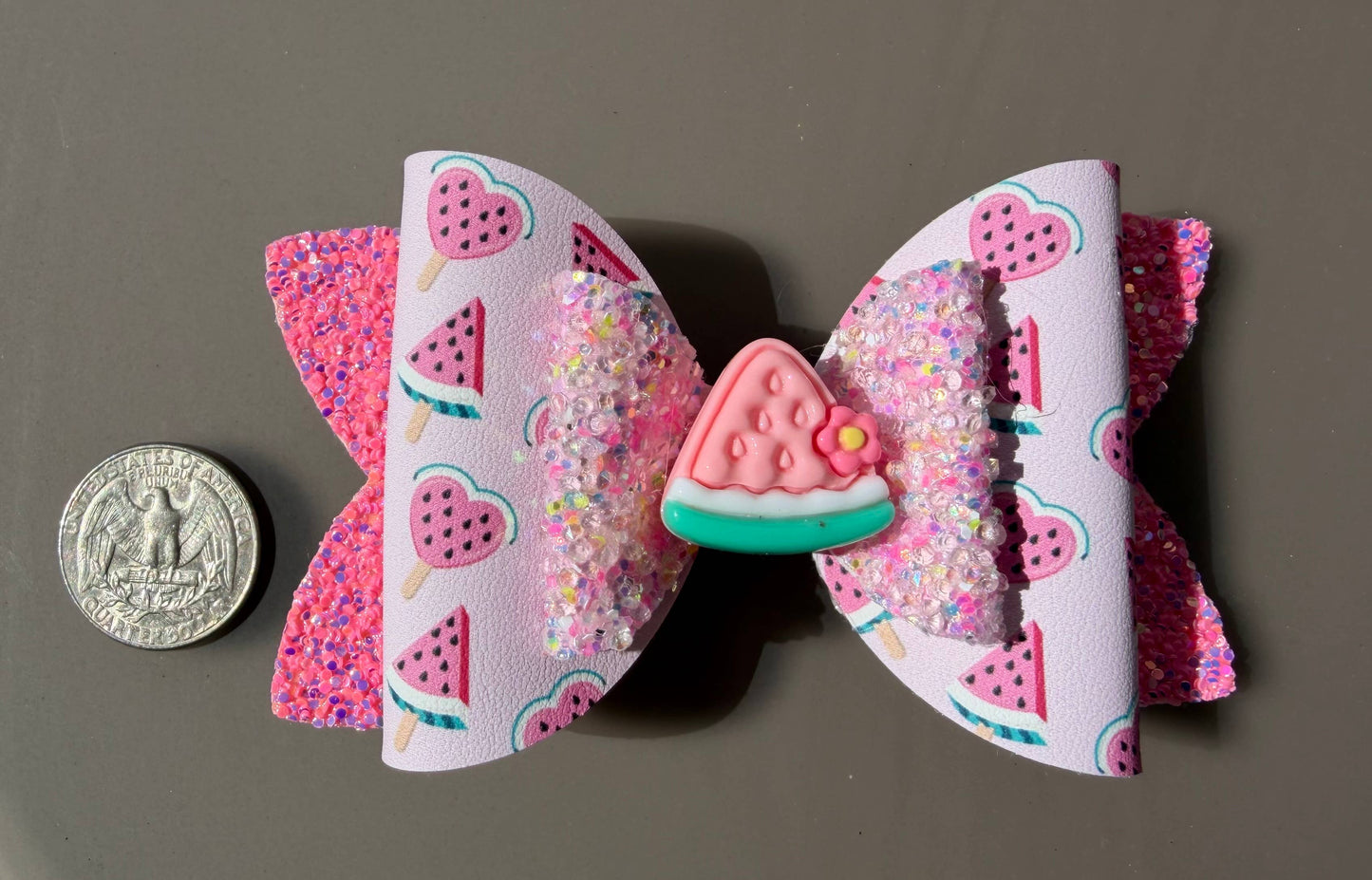 Girls summer watermelon vegan leather hair bow handmade in the USA close up detail