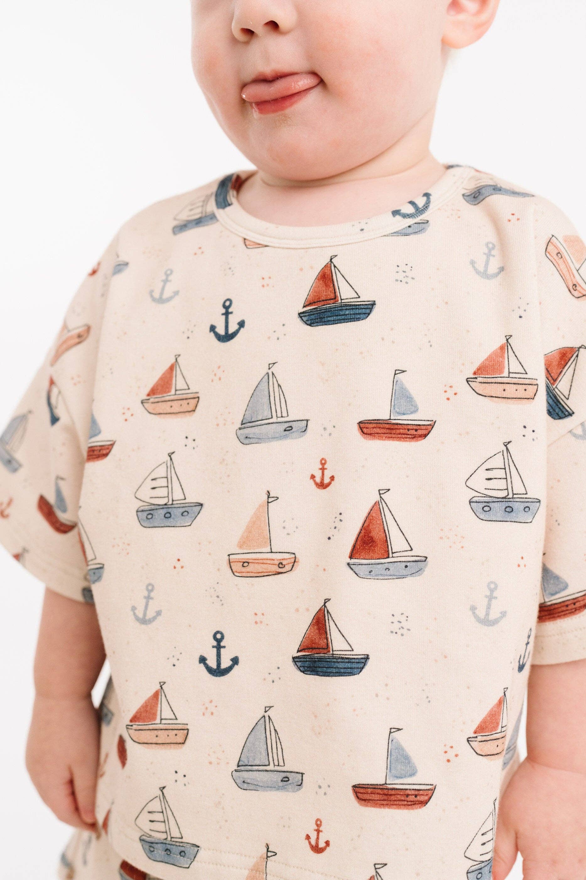 Kids soft breathable nautical matching set worn full outfit styling view