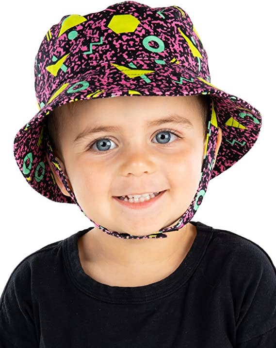 Black 90s print bucket hat for kids ages 1 to 4 soft summer front view