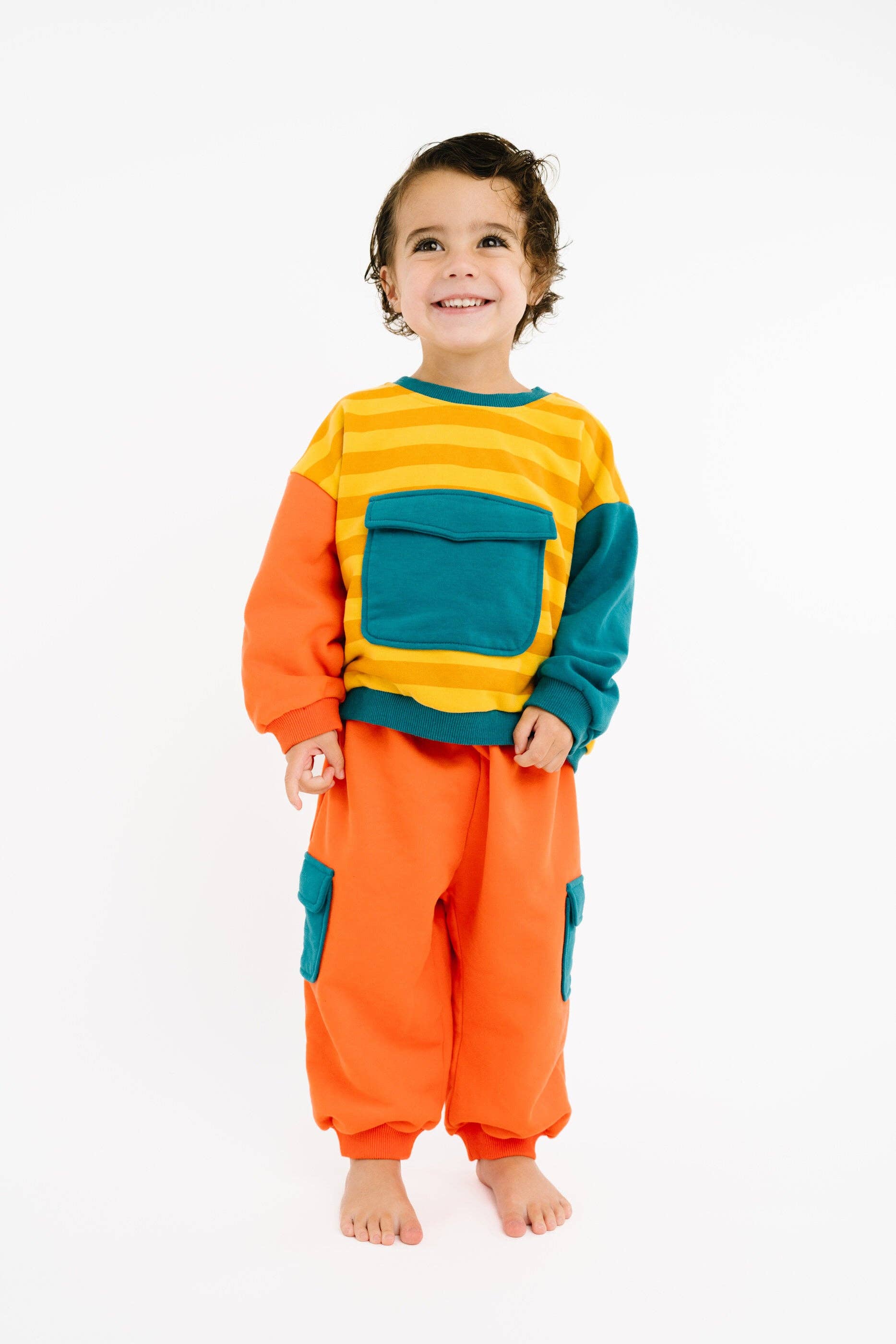 Kids bright retro matching sweatsuit in bold colors soft cotton blend lifestyle view