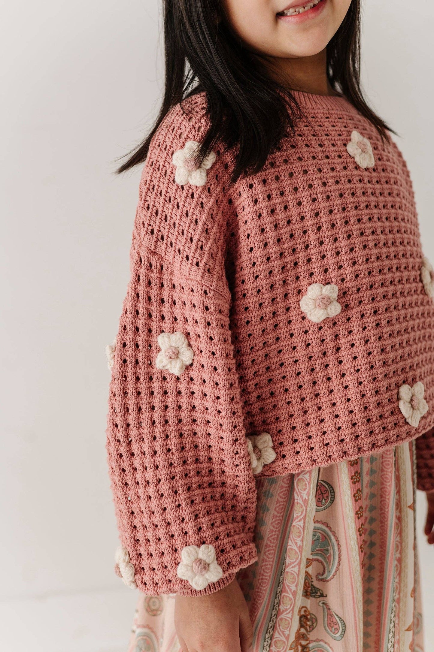 Girly Flower Pop open weave sweater for kids