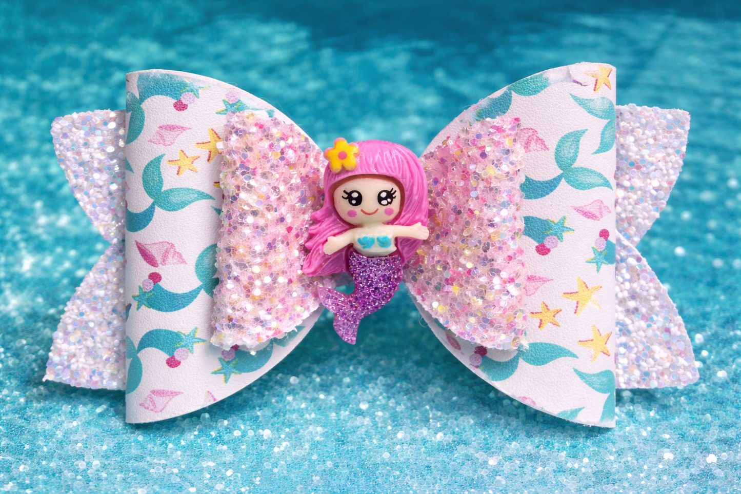 Mermaid shell hair bow for girls pastel vegan leather with shell charm front view