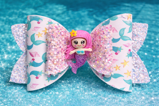 Mermaid shell hair bow for girls pastel vegan leather with shell charm front view