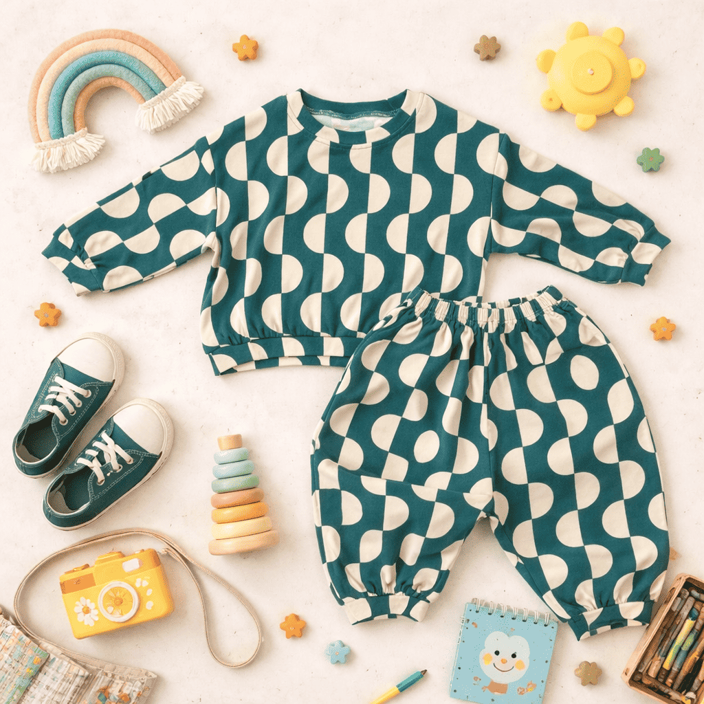 Retro Emerald sweatsuit for kids soft matching set emerald green front view