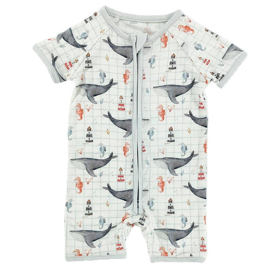 Ocean explorer bamboo short romper for babies soft breathable zip front view