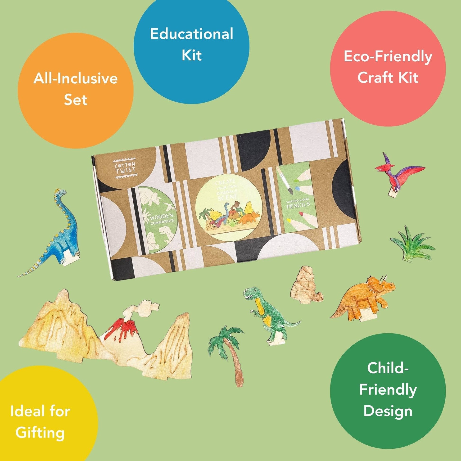 Dinosaur scene craft kit box and materials full view