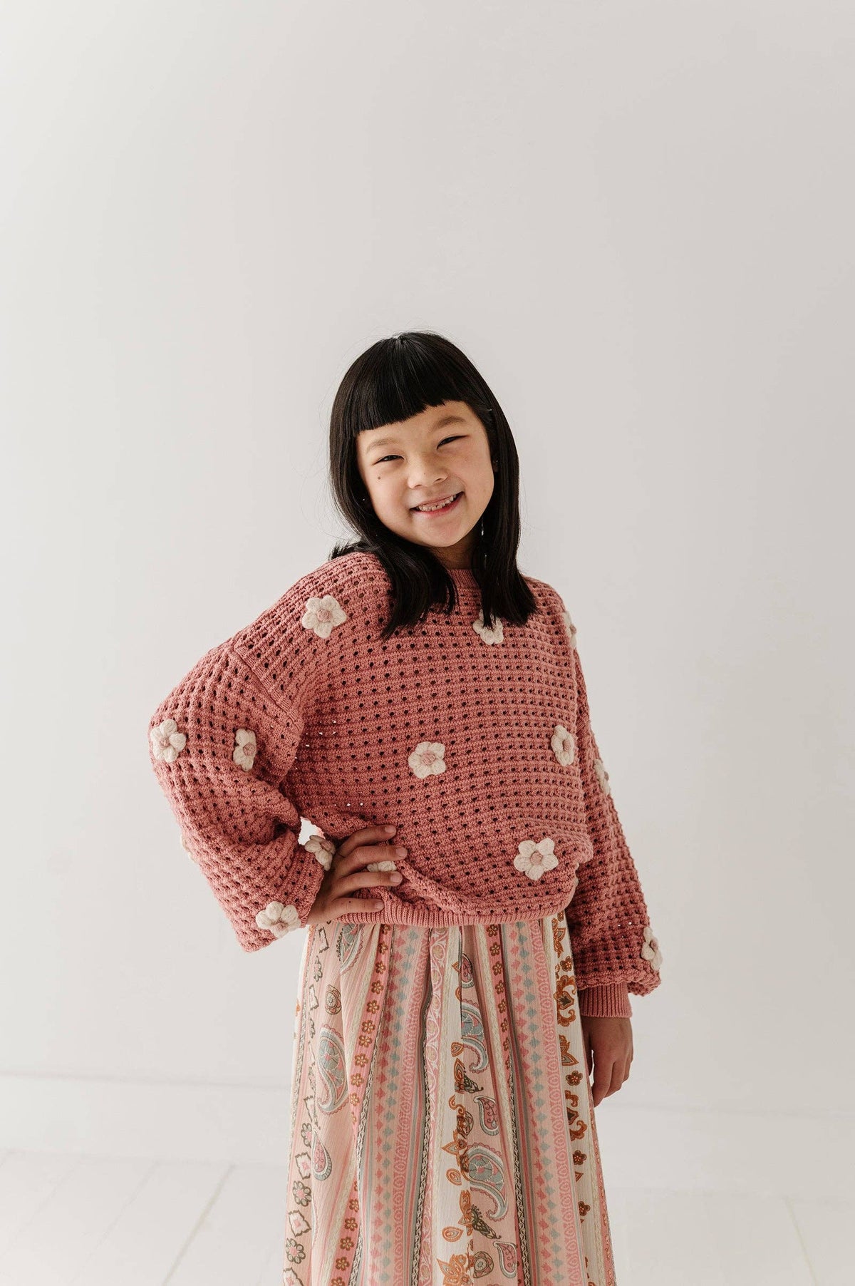 Girly Flower Pop open weave sweater for kids
