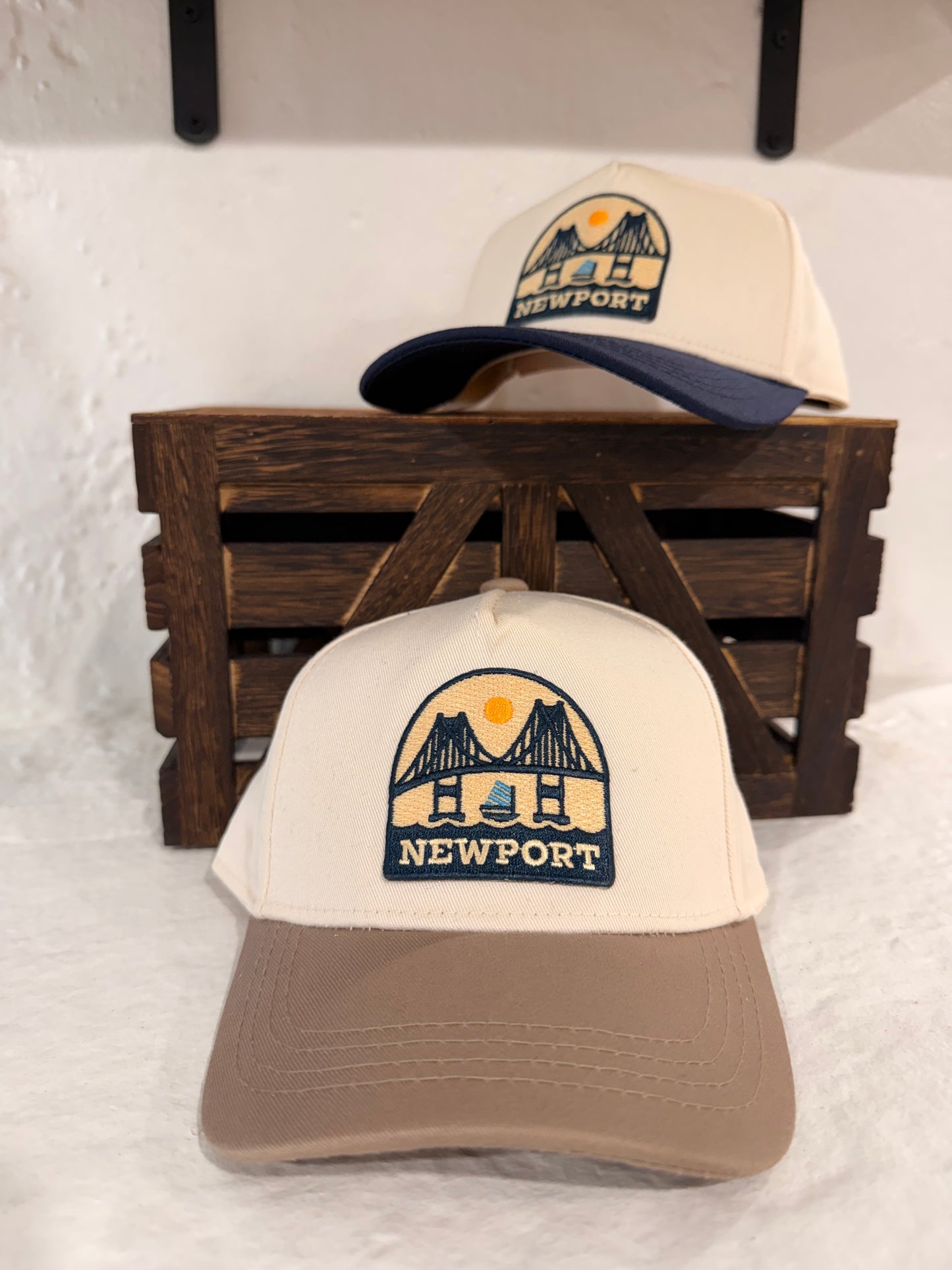 Sunwray Newport Bridge patch cream and tan kids cap worn lifestyle view