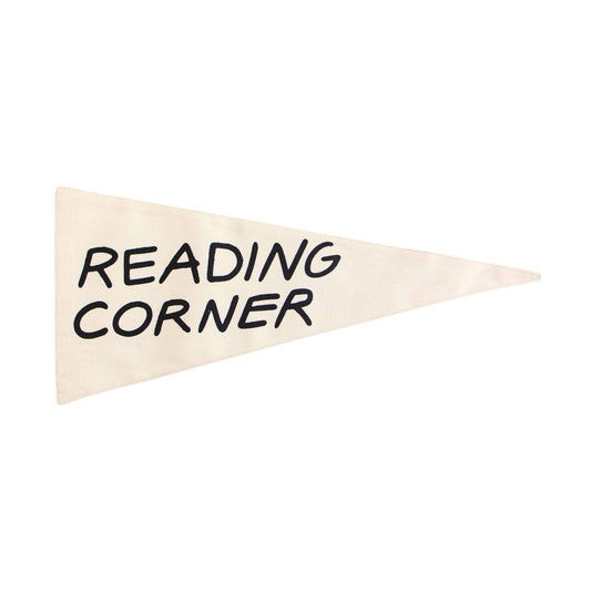 Reading Corner canvas pennant handmade by Kenyan artisans natural taupe triangle wall flag front view
