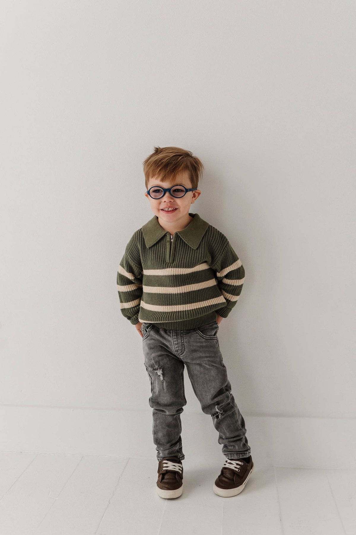 Boys striped quarter zip sweater in moss