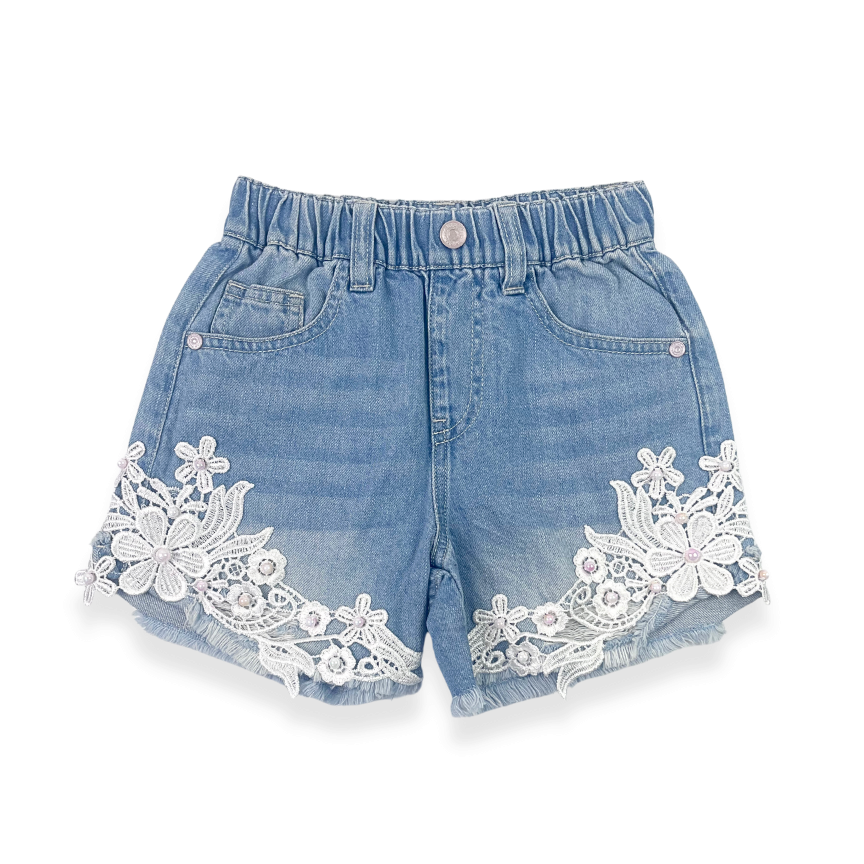 Lace patch shorts for girls soft denim with lace detail front view