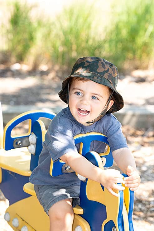 Kids camo bucket hat flat lay product view