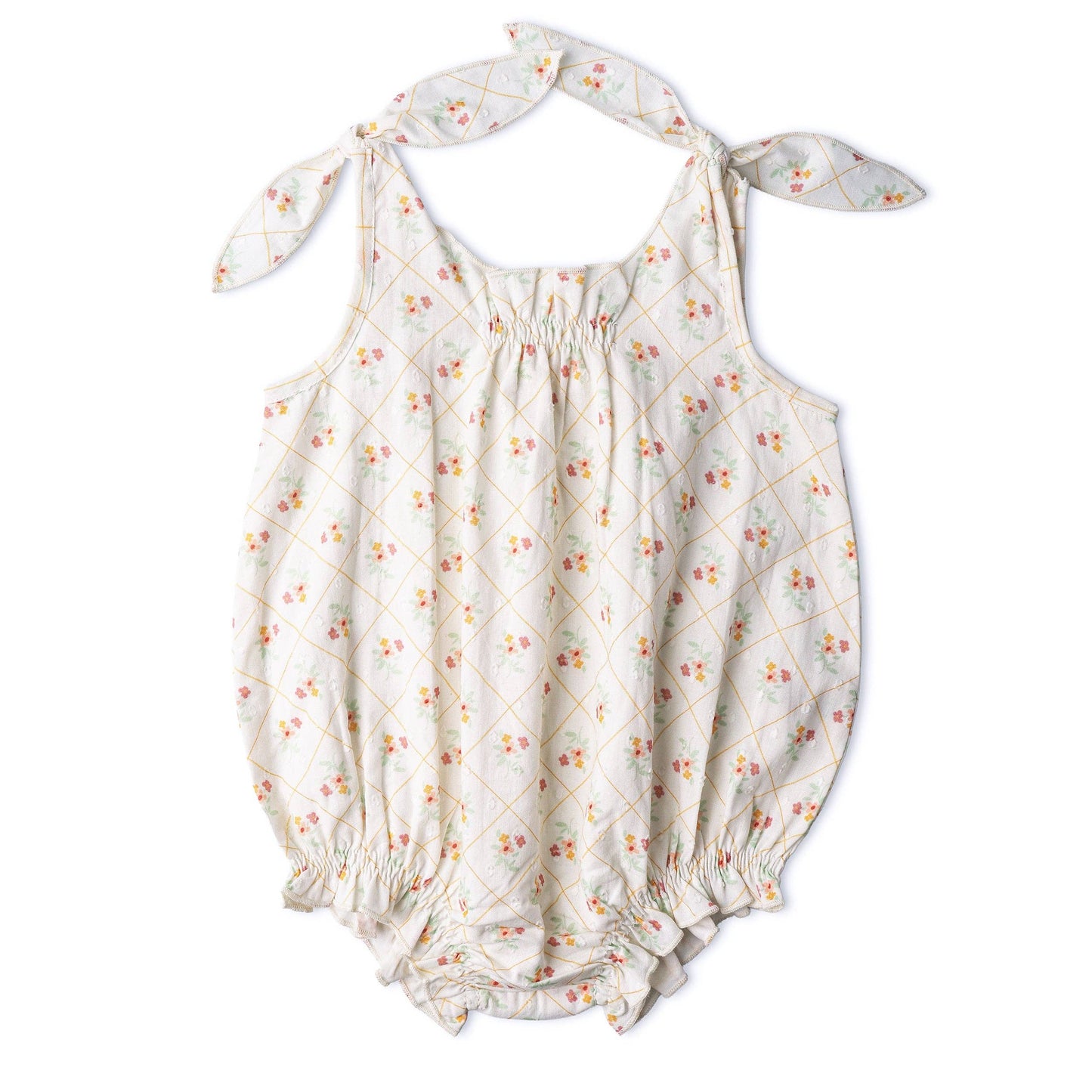 Organic cotton tie shoulder baby bubble romper soft boutique front view