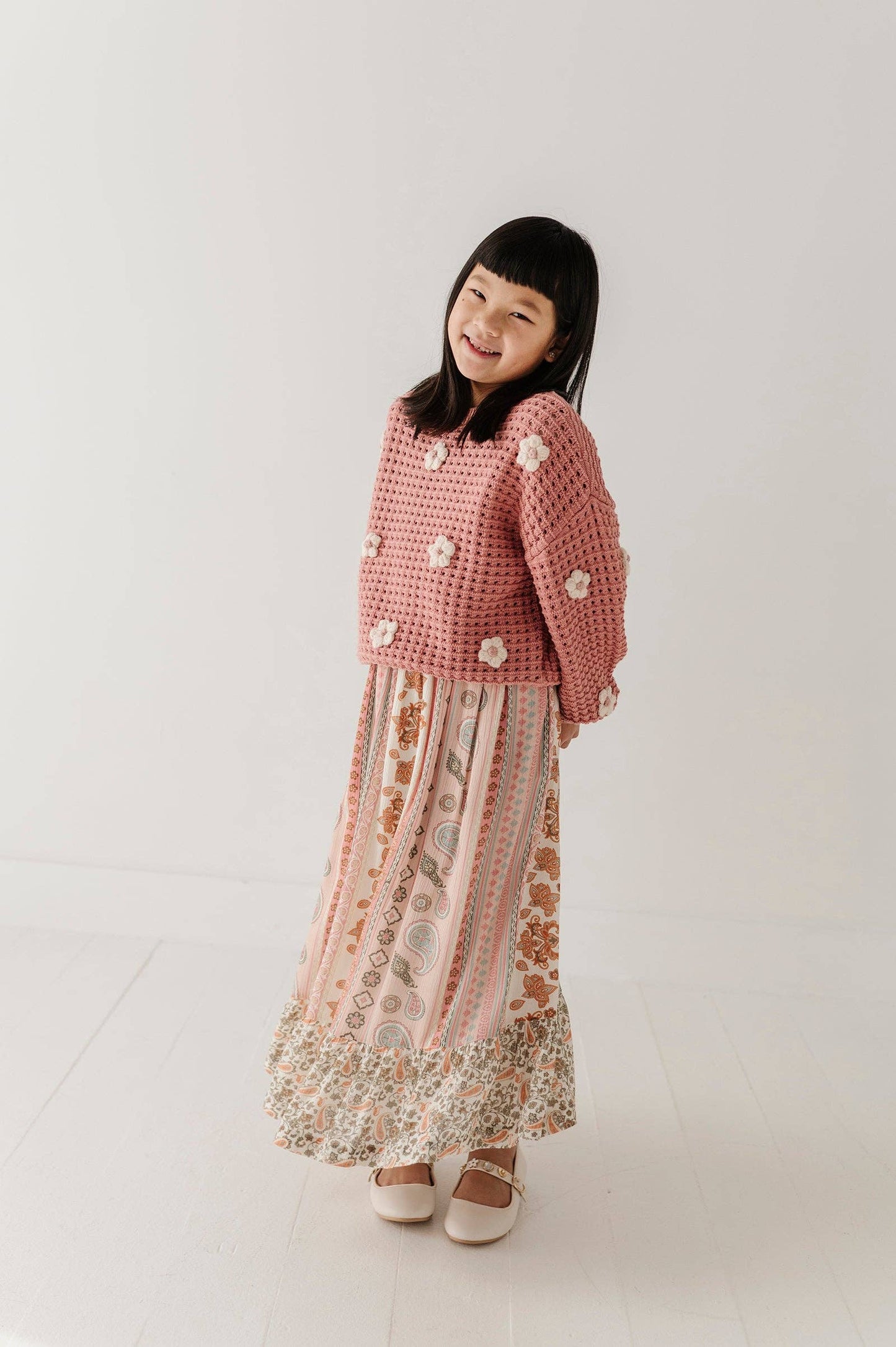 Girly Flower Pop open weave sweater for kids