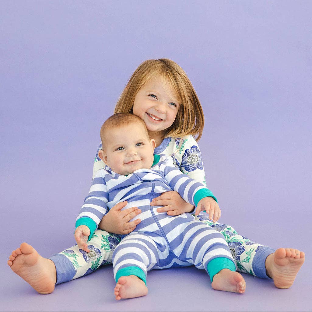 Kids organic Periwinkle stripe PJs worn lifestyle view