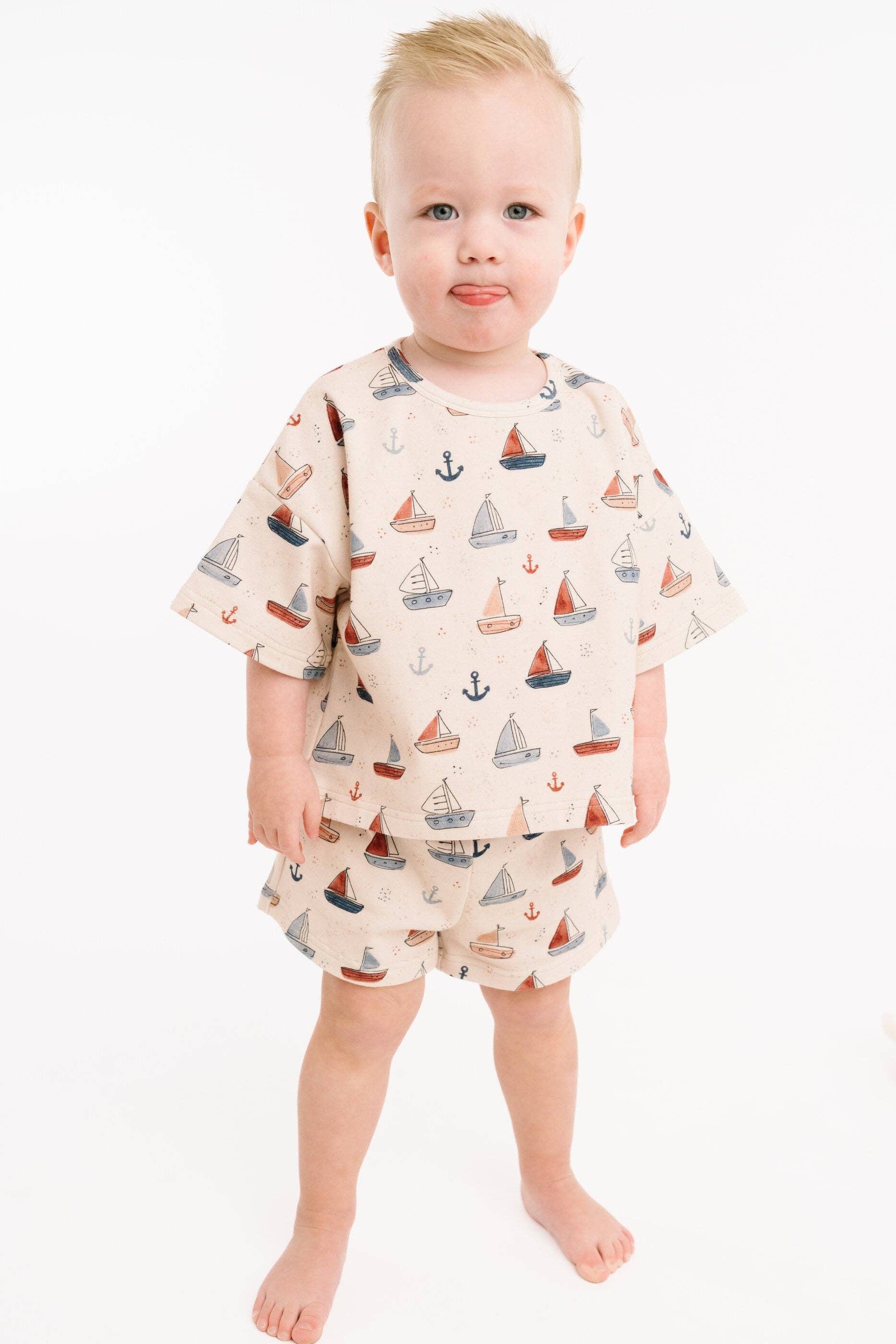 Girls nautical slouchy matching set in 95 percent cotton spandex blend side view