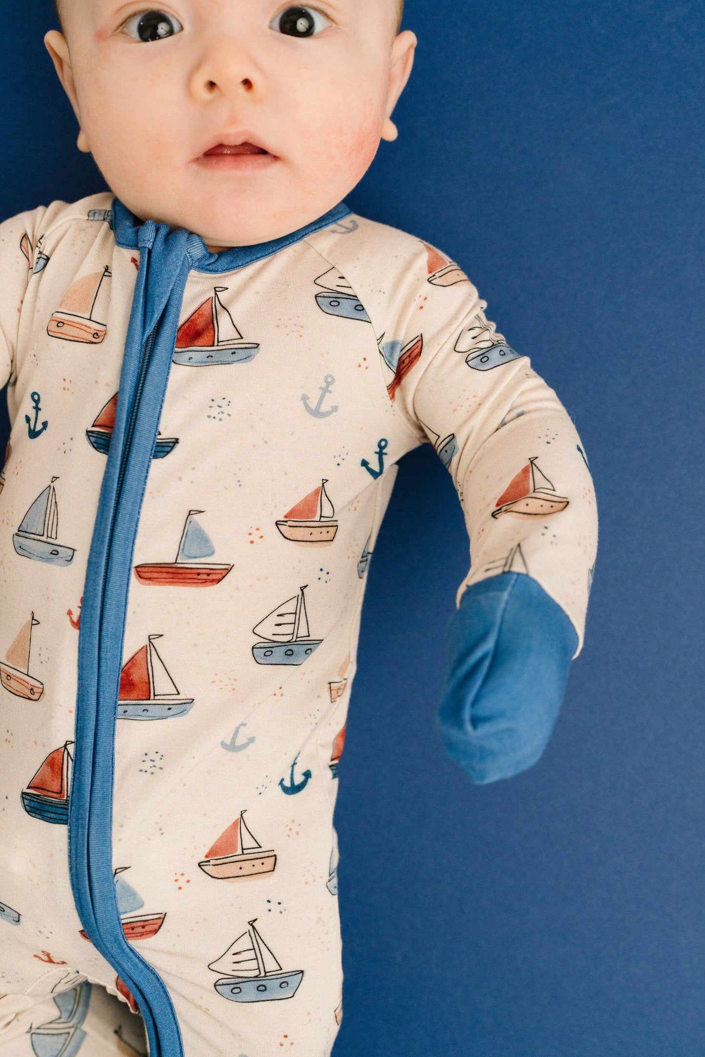 Baby nautical footie pajamas in 95 percent viscose bamboo spandex blend close up