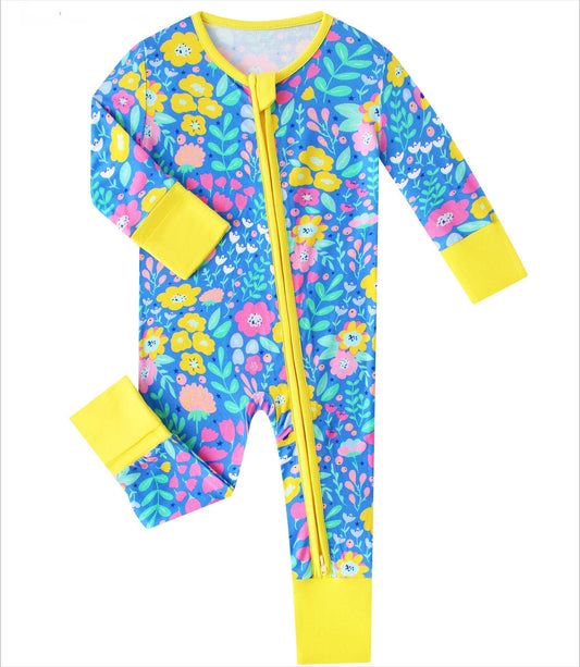 Sunny bloom floral print bamboo baby pajamas front view