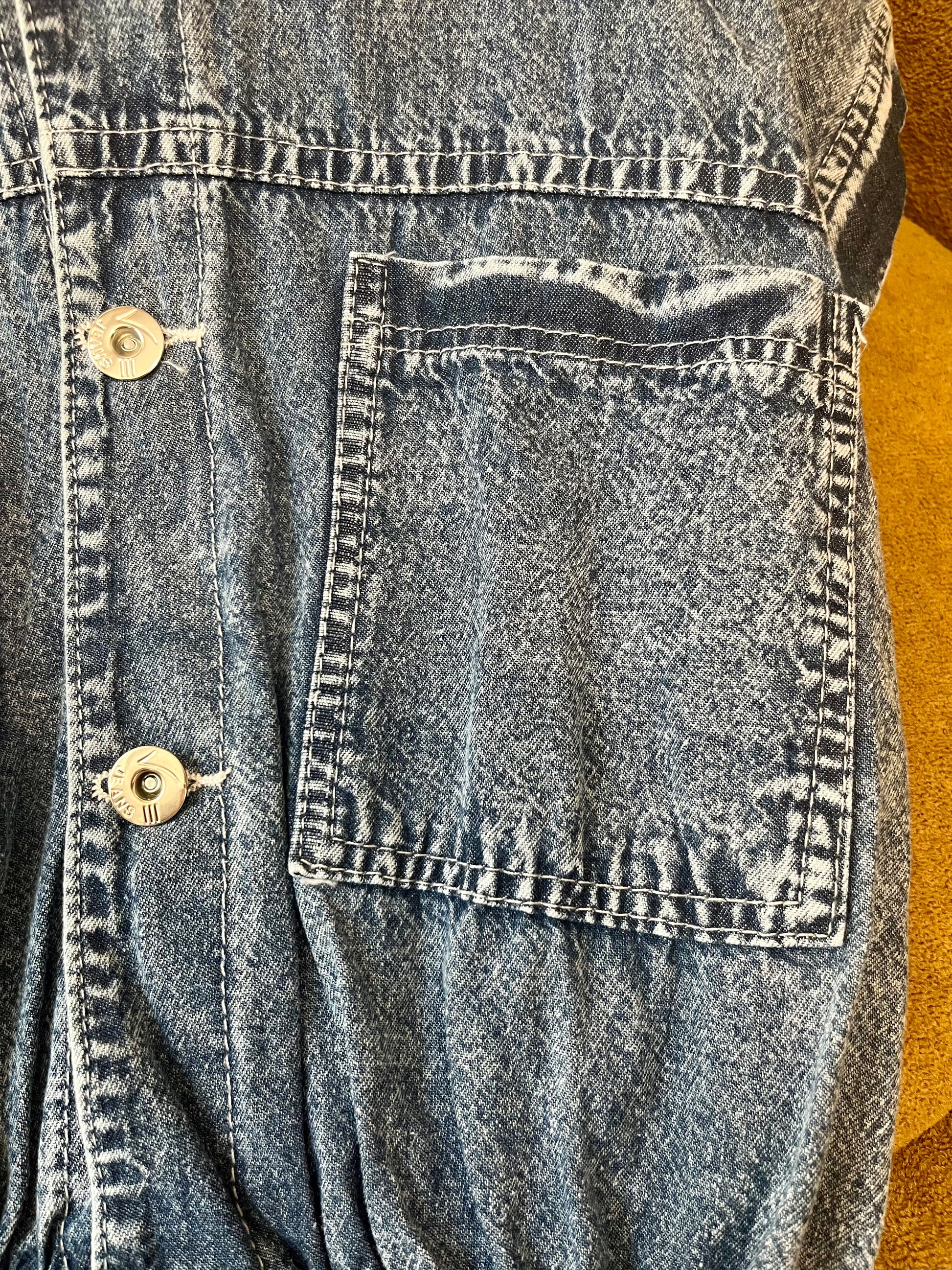 Kids denim top close up fabric and button detail