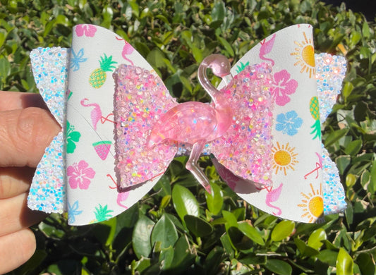 Pink flamingo hair bow for girls handmade vegan leather 4 inch front view