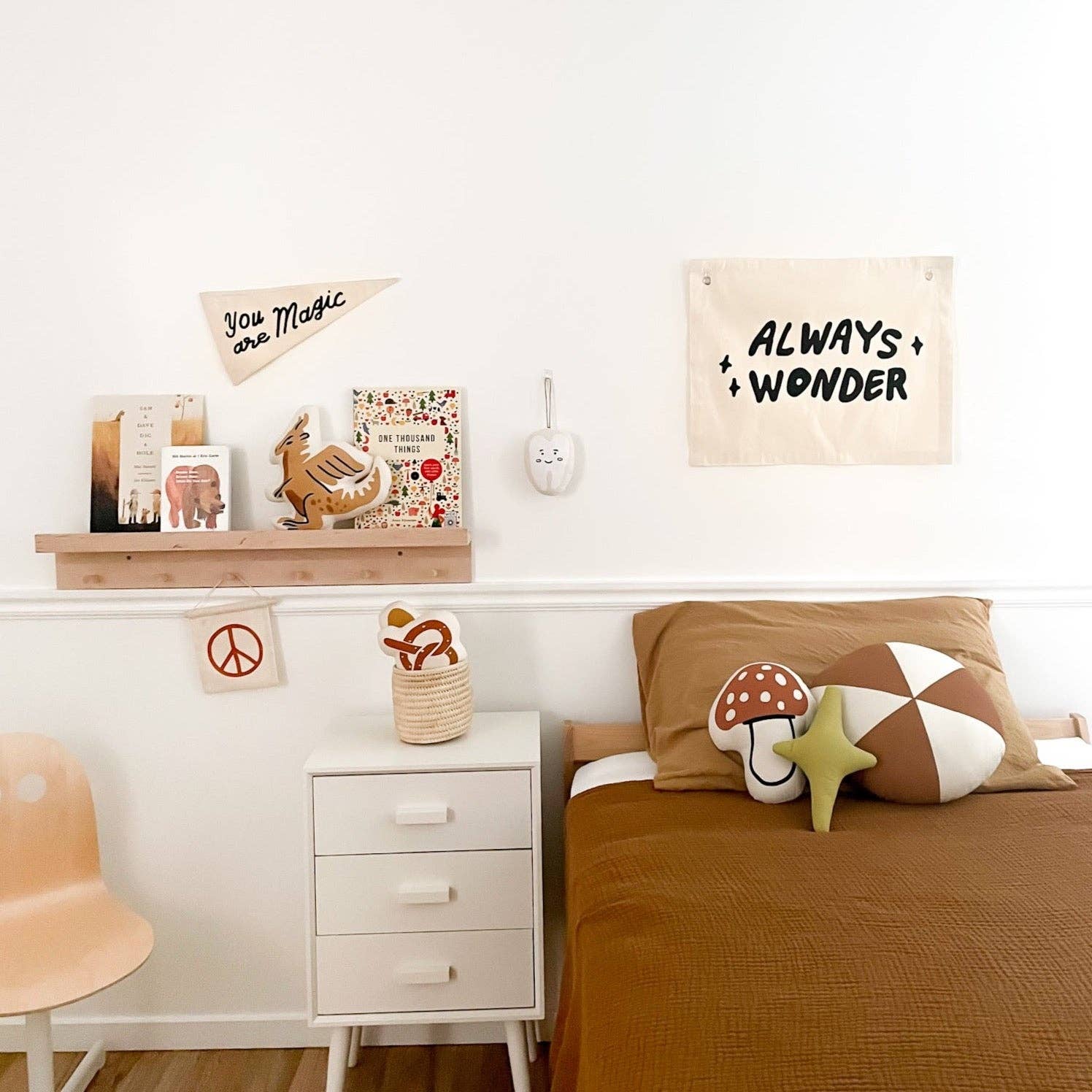 Always Wonder natural canvas wall flag with bold black lettering 20 by 16 inch detail