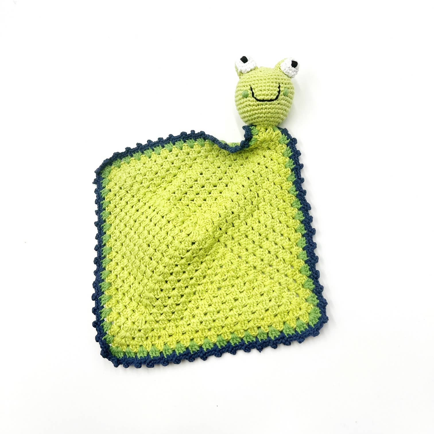 Organic cotton frog lovey for babies soft security blanket toy front view
