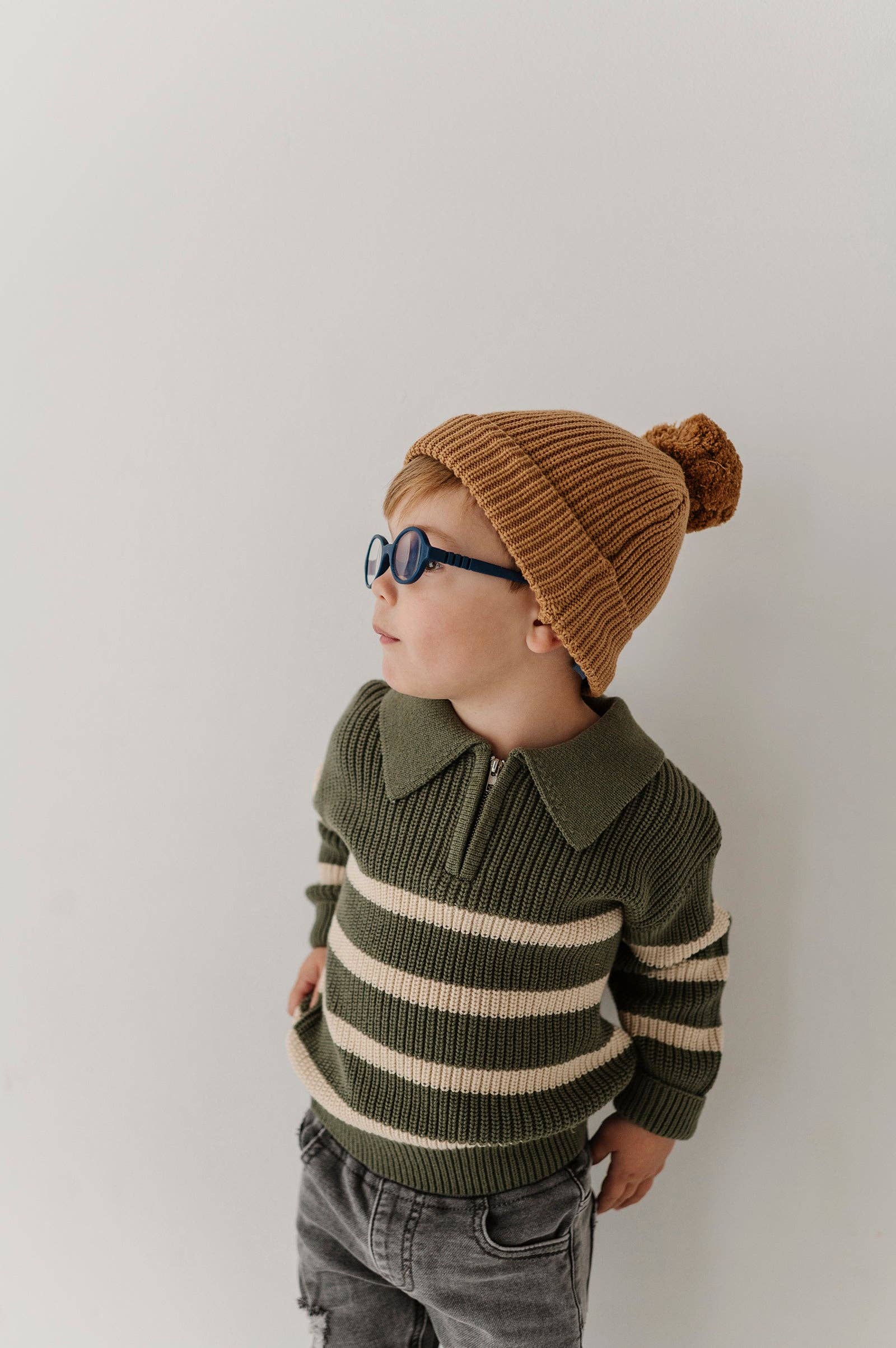 Boys striped quarter zip sweater in moss