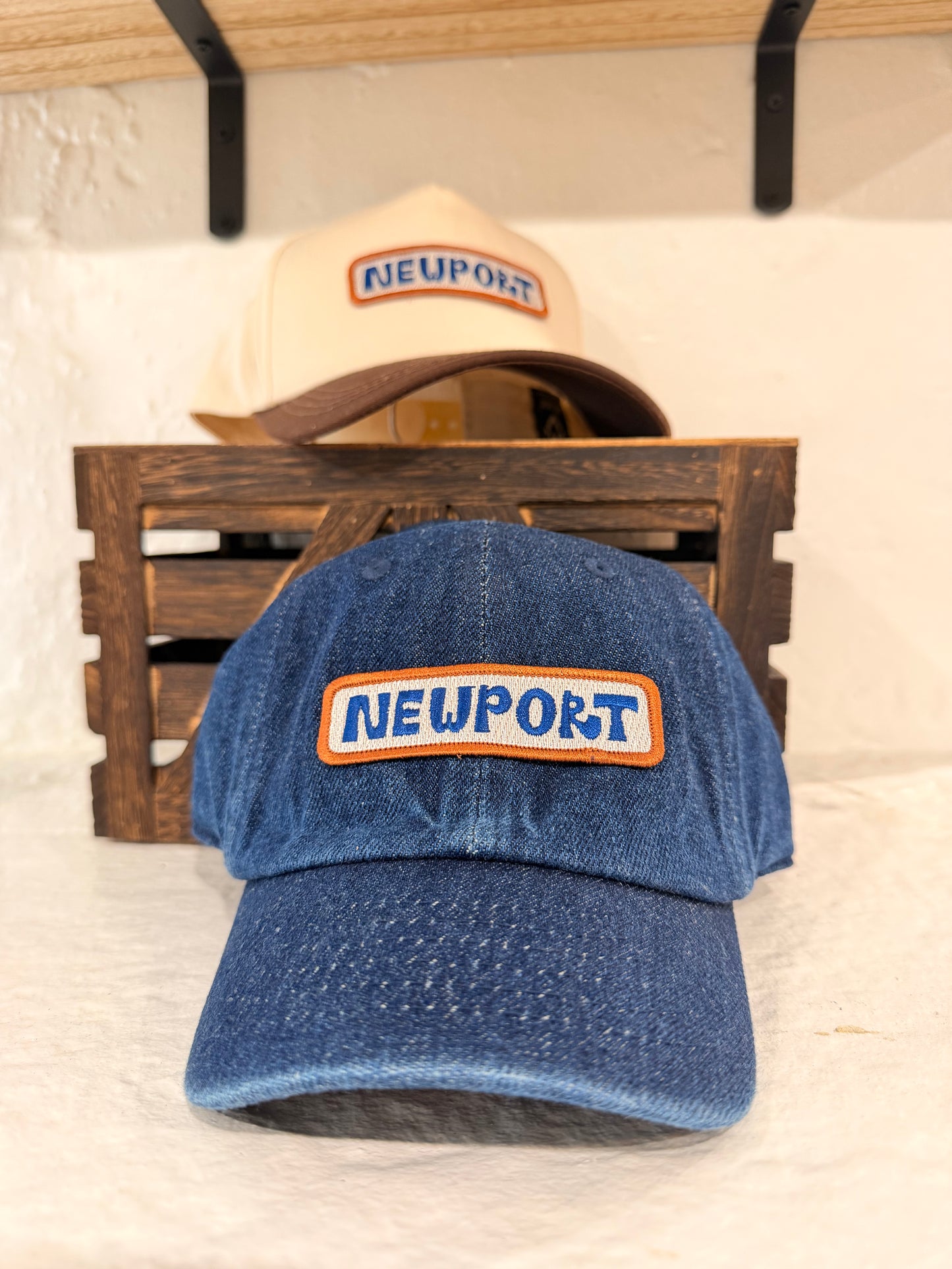 Sunwray Newport patch denim kids cap brass buckle adjustable strap back view