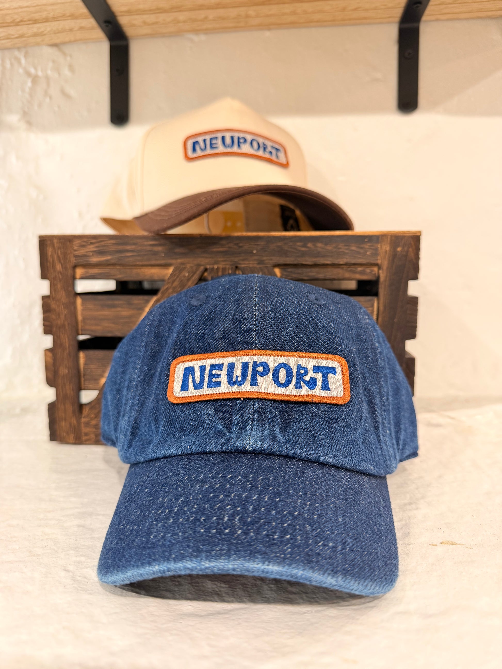 Sunwray Newport patch denim kids cap brass buckle adjustable strap back view