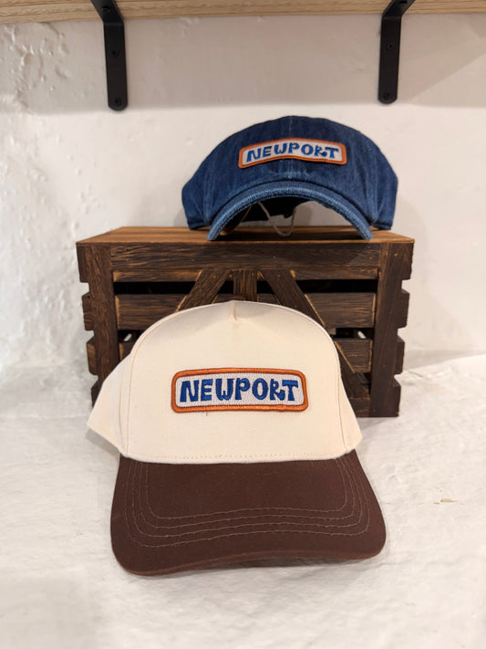 Sunwray Newport patch brown and cream two-tone kids cap with hand-designed Newport patch by local artist Natalie Wray front view