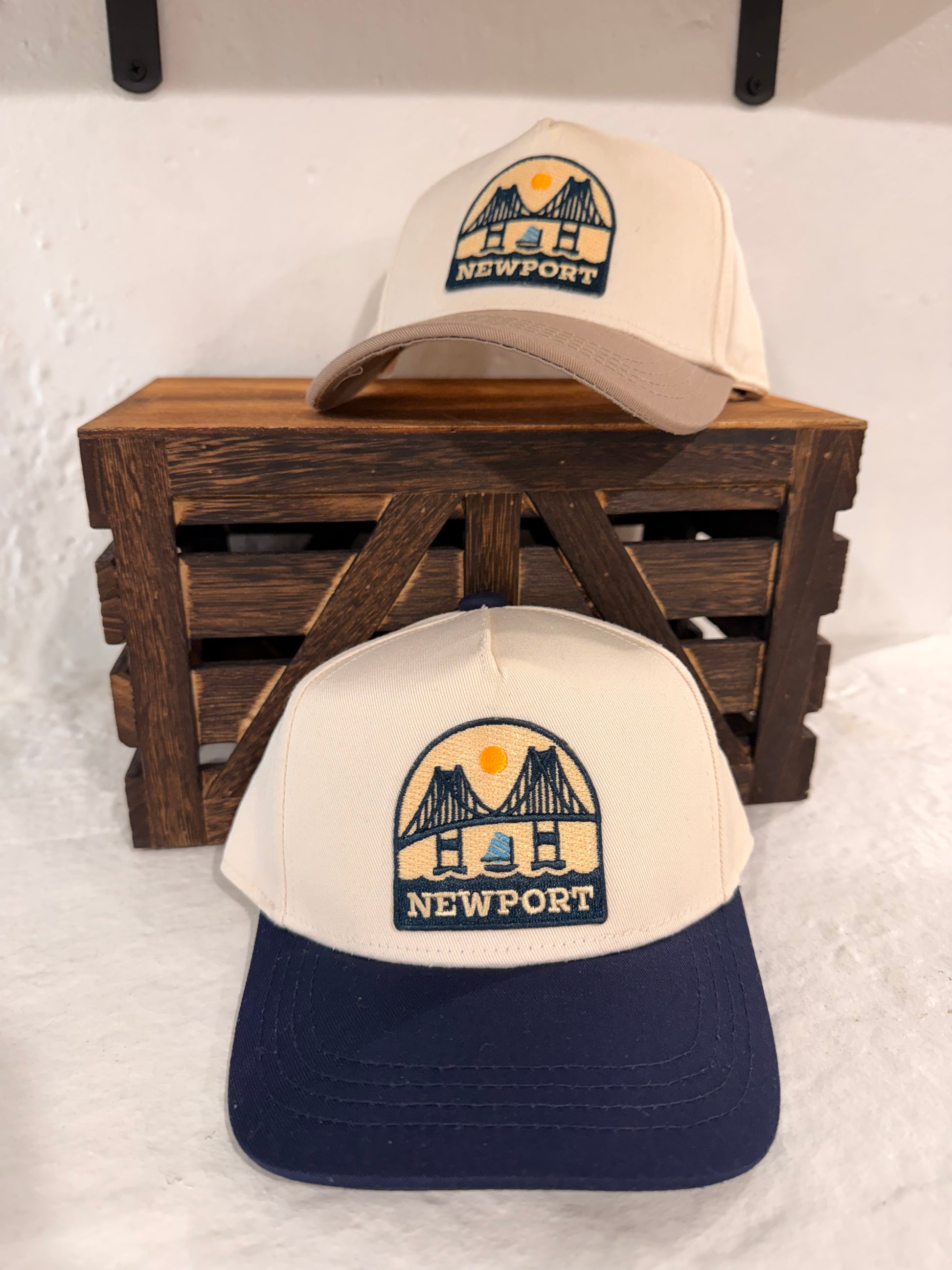 Sunwray Newport Bridge patch kids cap in cream and navy colorway front view