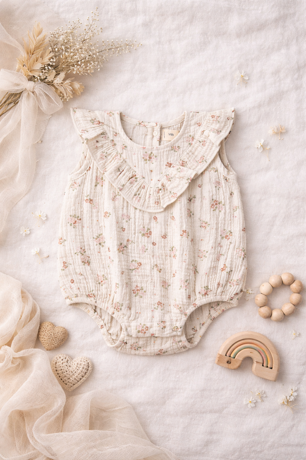 Maude organic sleeveless ruffle bubble romper for babies soft boutique front view