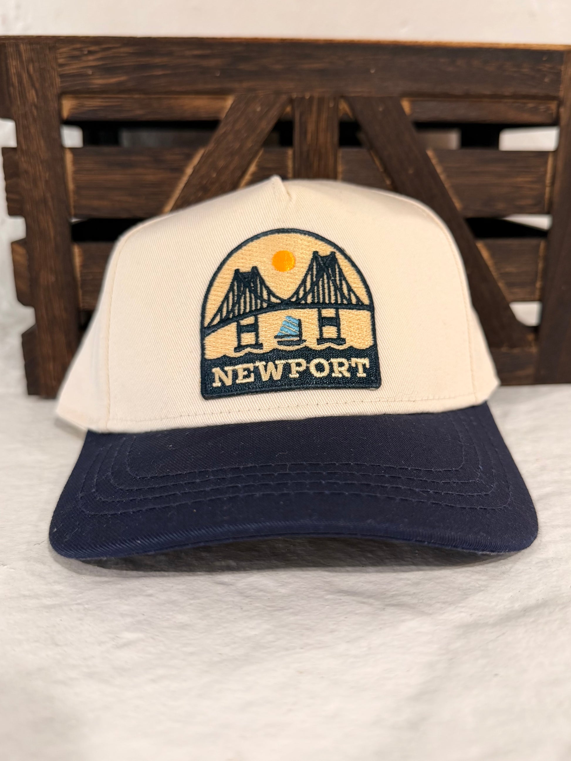 Sunwray Newport Bridge embroidered patch close up detail navy and gold on cream