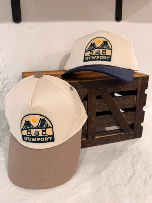 Sunwray Newport Bridge patch two-tone kids cap in cream and tan with embroidered Pell Bridge design by artist Natalie Wray front view
