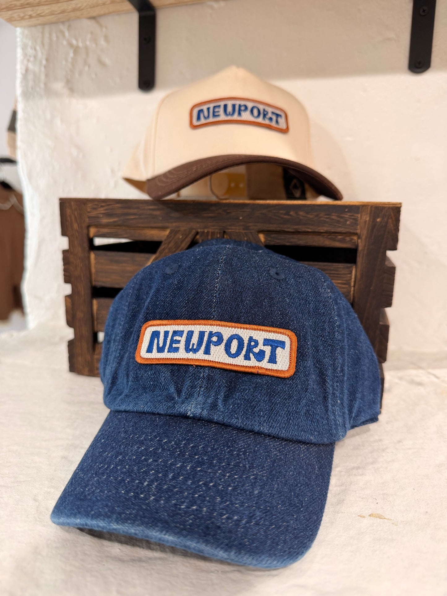 Sunwray Newport patch washed denim kids baseball cap with embroidered Newport patch by artist Natalie Wray front view