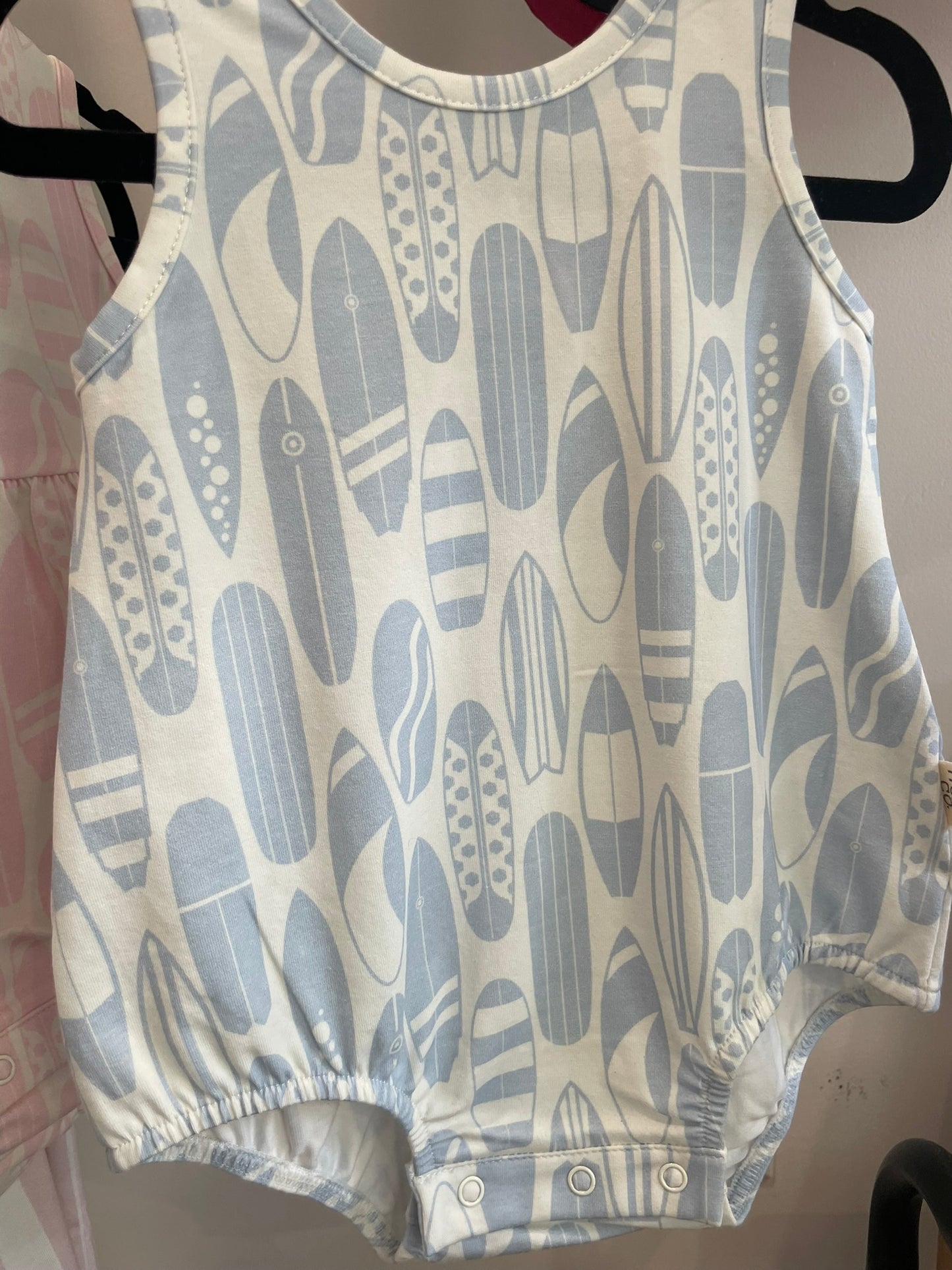 Surf's Up baby sleeveless bubble romper worn lifestyle view