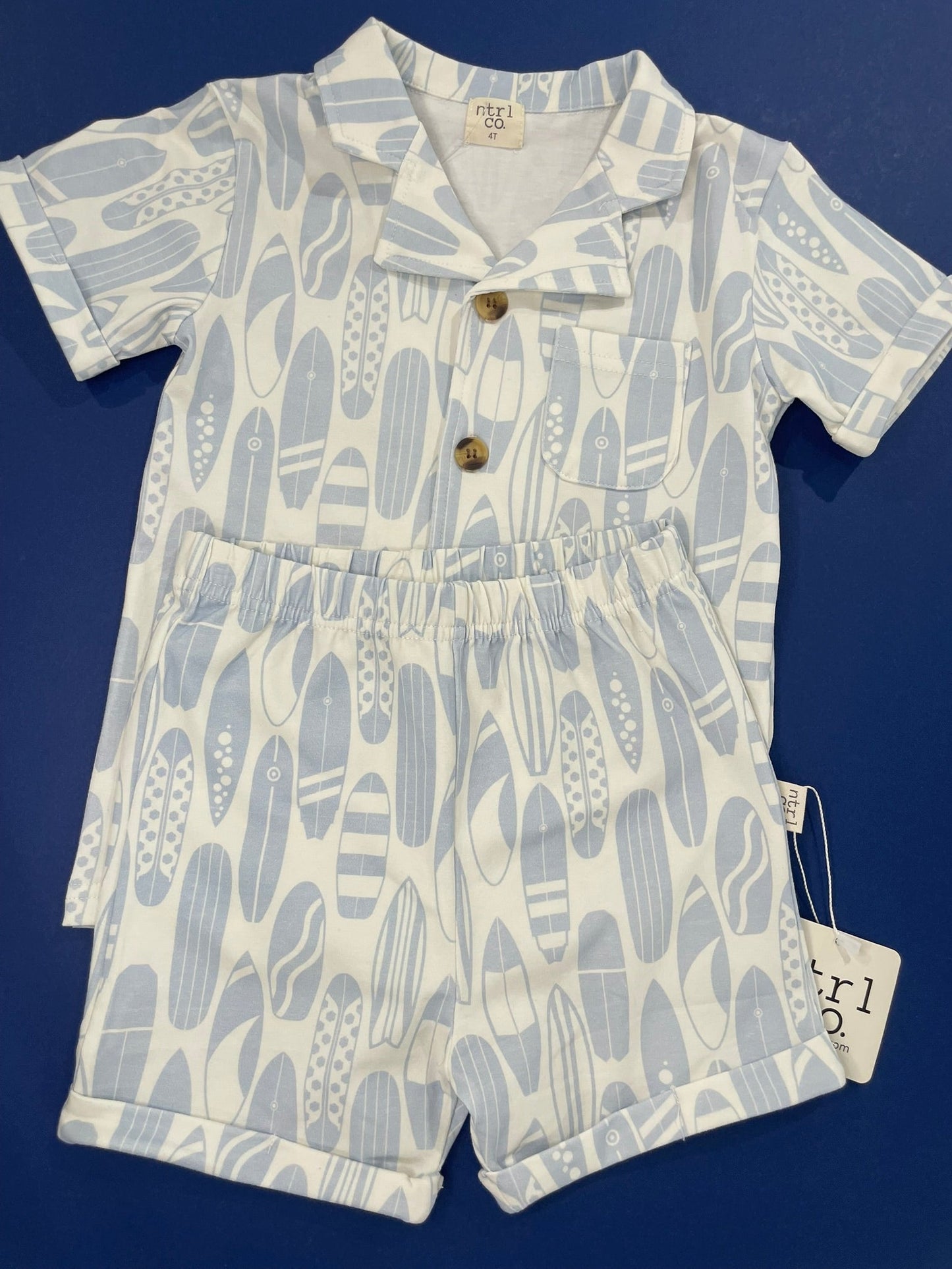 Surf's Up button-up top and shorts set for boys worn lifestyle view
