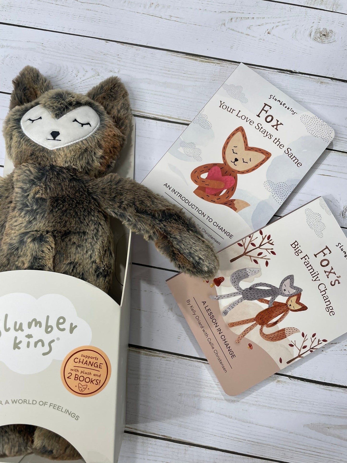 Plush sloth toy with children's books on a wooden surface