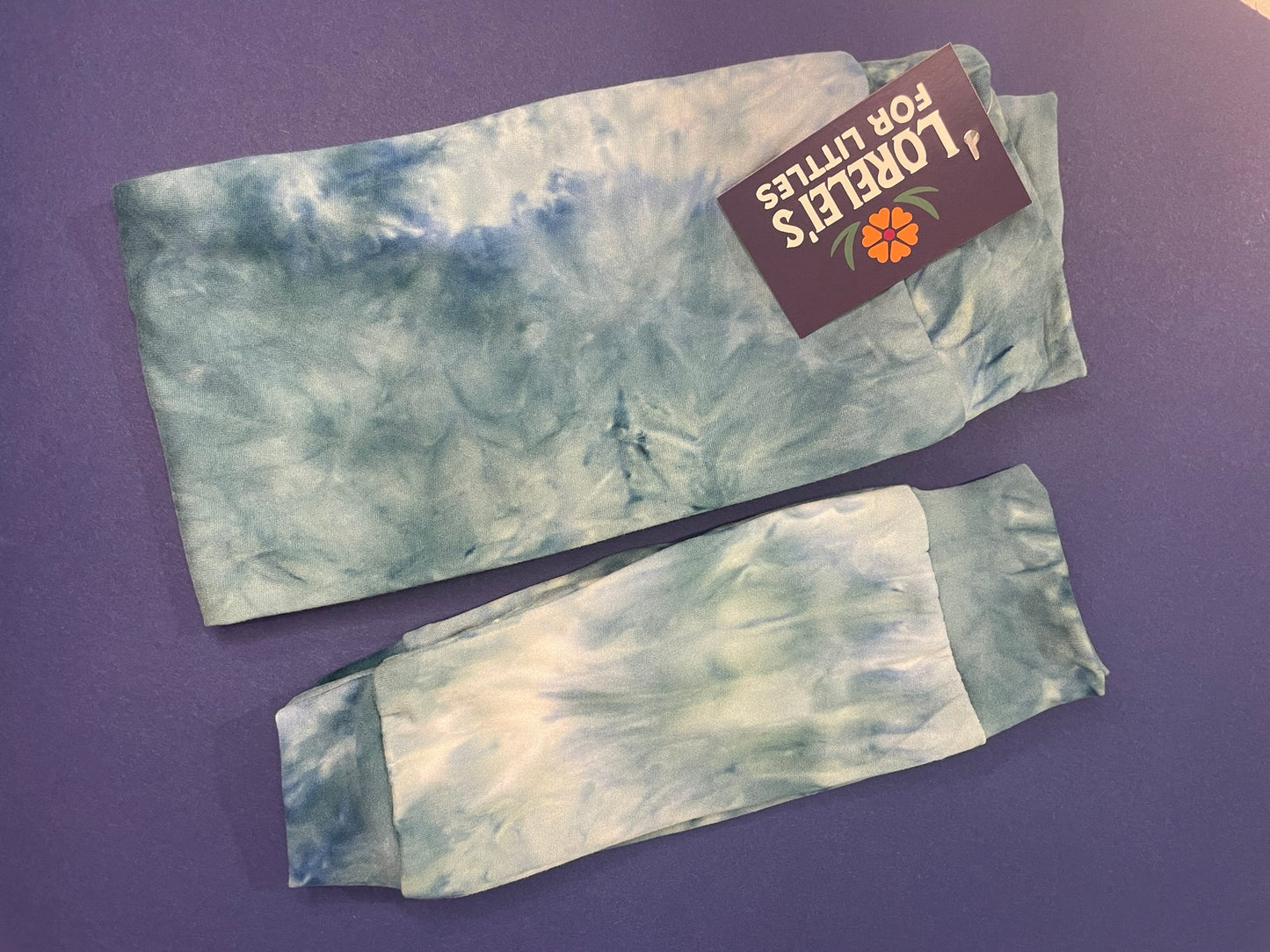 Handmade teal tie-dye kids jogger pants flat lay product view