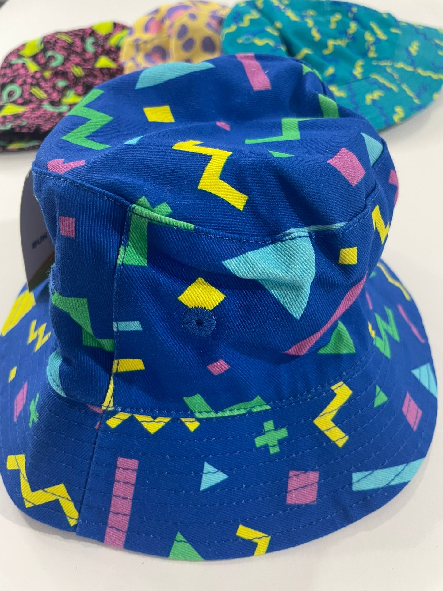 Blue 90s print bucket hat for kids alternate view