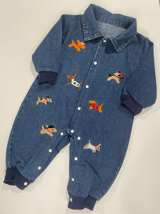 Denim baby romper with embroidered puppy patches alternate view