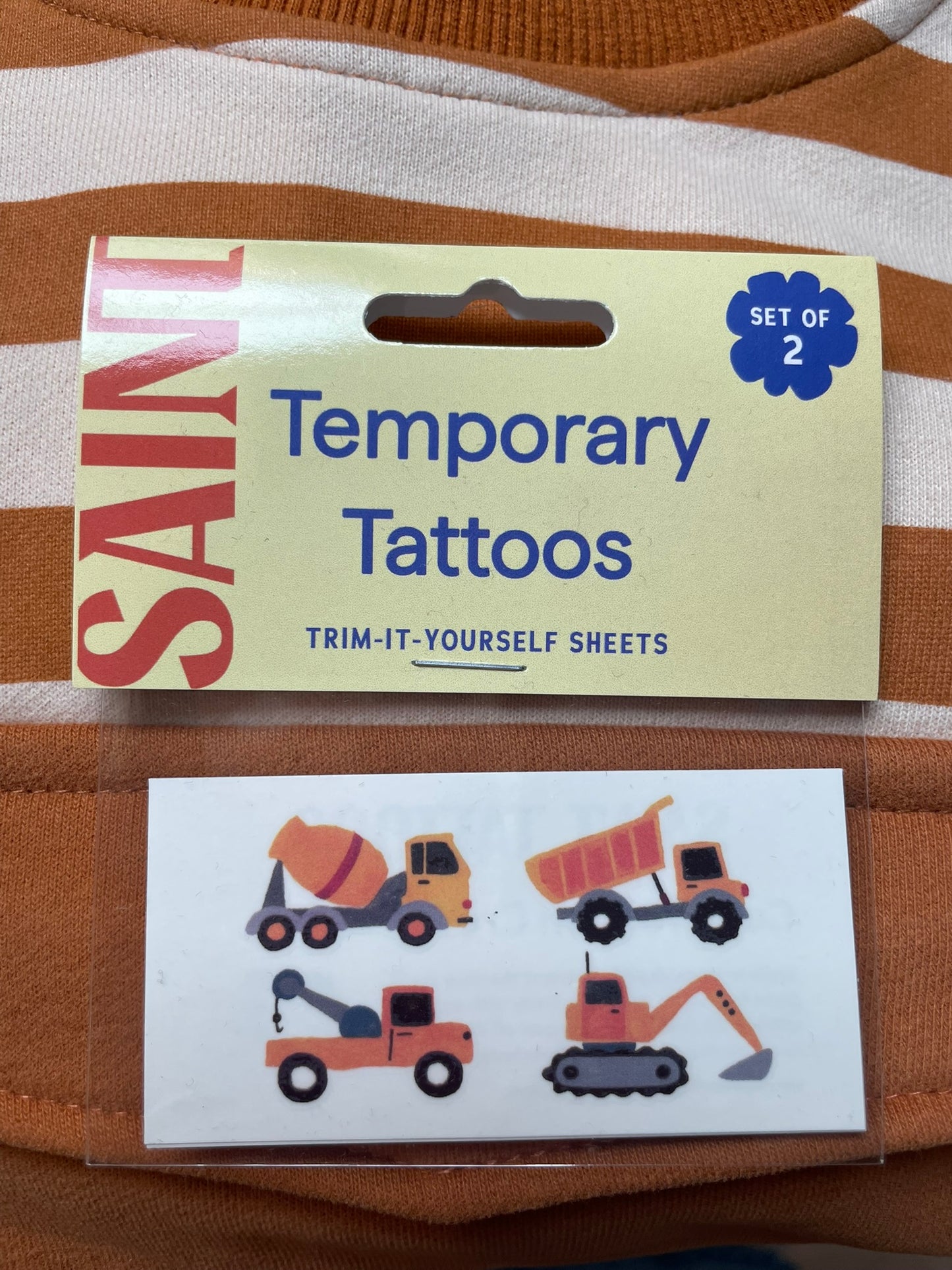 Construction crew temporary tattoos for kids worn on arm view