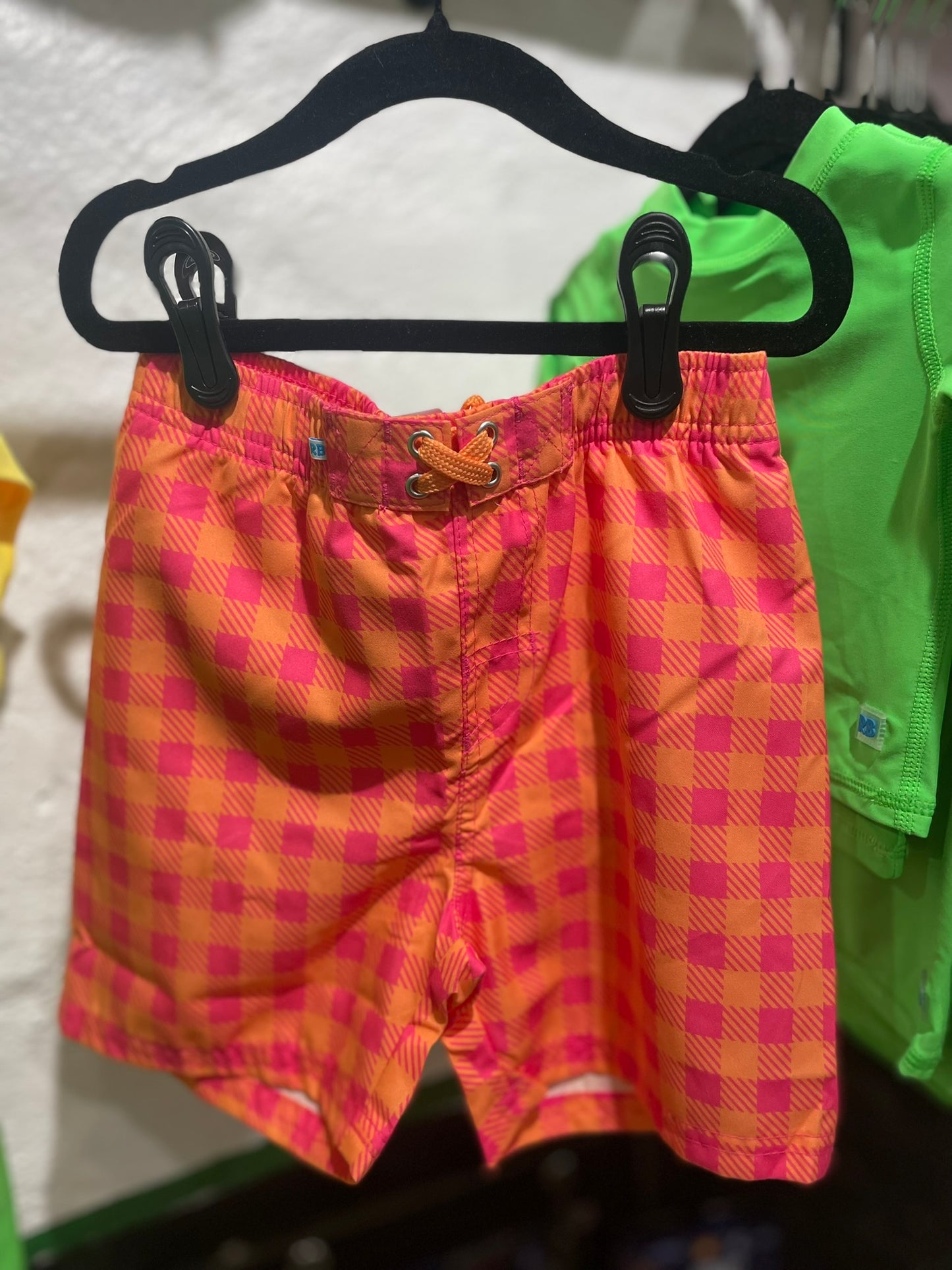 Hi-Vis sunset sorbet gingham swim trunks for boys alternate view