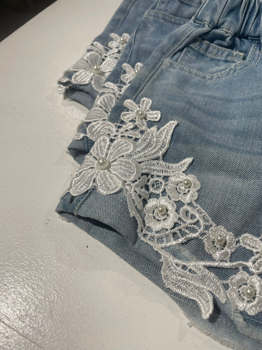 Lace patch denim shorts for girls worn lifestyle view