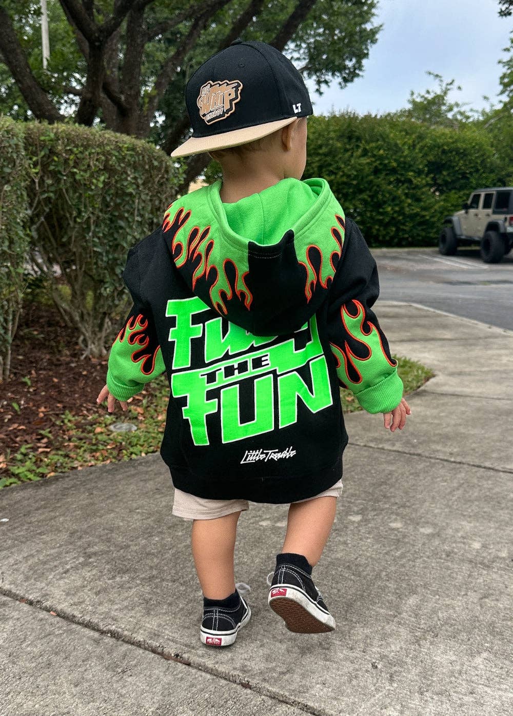 Green flame kids boutique hoodie with custom LT typography back graphic view